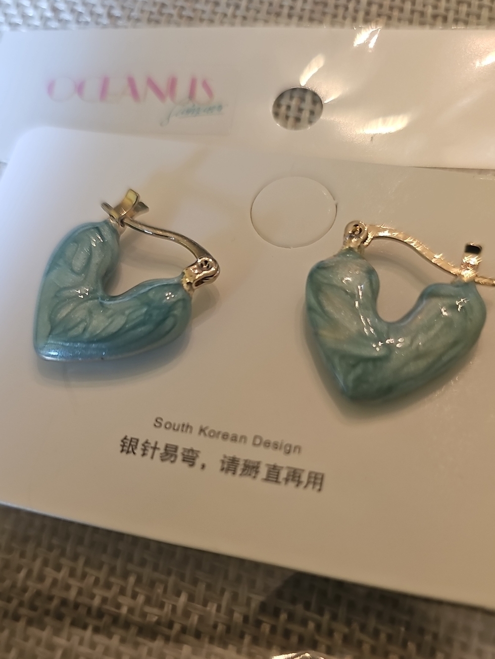 Oceanus Chunky Marbled Green Resin Heart Huggie Hoop Earrings